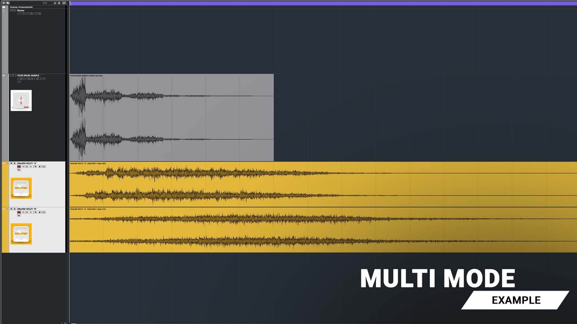 The idea behind this is to stack several DRoOM! files (at least two layers), which then create a new room effect. With this technique, more complex effects and variations are possible, and become particularly interesting in terms of frequency and time. Observe the clap effect variations: the first beat has a setting with only two DRoOM! wide layers stacked one on top of the other and blended with an envelope. The second beat has the same DRoOM! wide layer but a different envelope setting. Result: an unmistakable change in spatial effect with minimal effort. Awesome, isn't it?