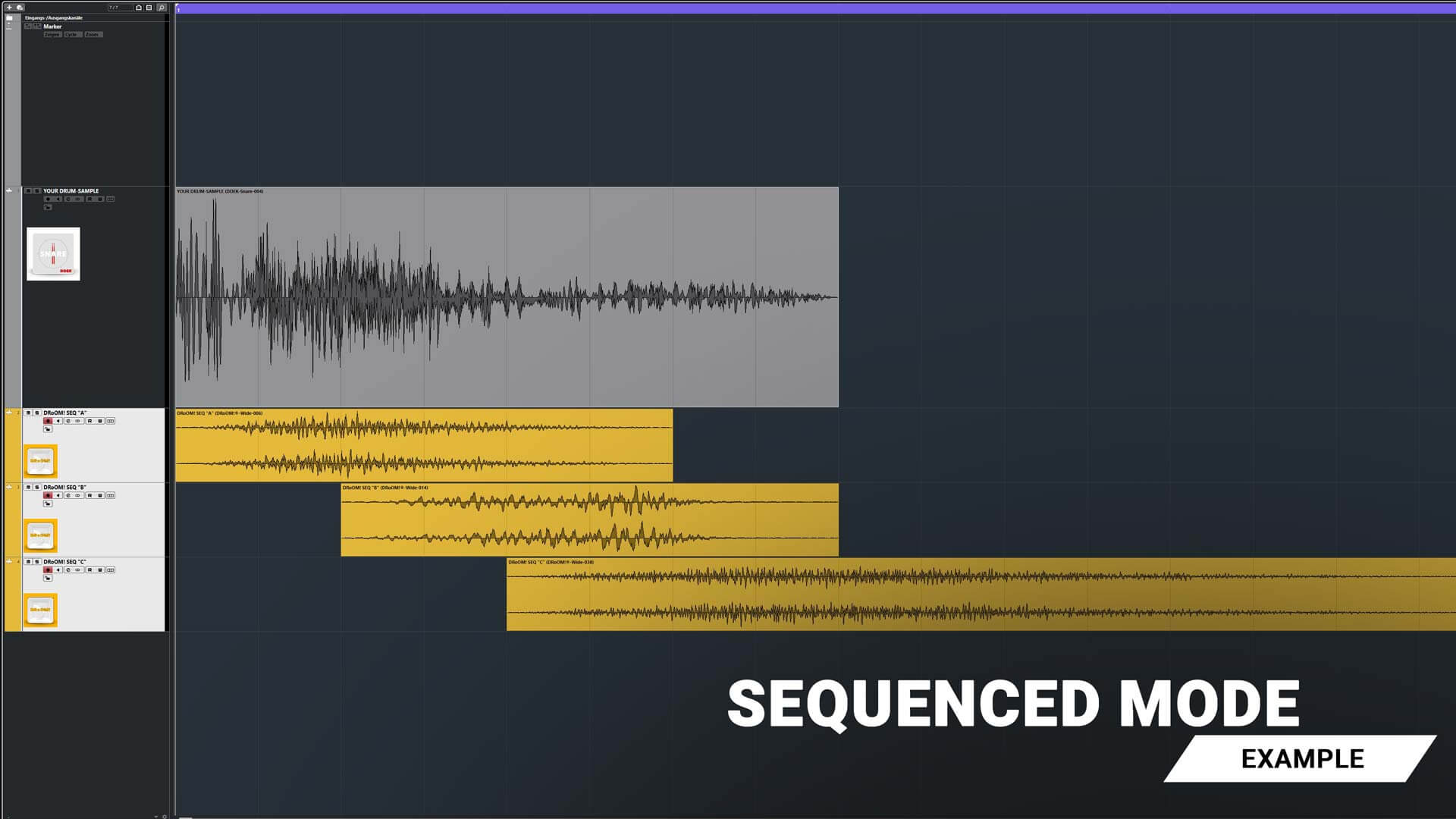 The most outrageous and far-reaching of all techniques! The combination of one or more DRoOM! files and DRoOM! drum-fx and/or sound-fx files in one rhythmic sequence. The result: unique and distinctive spatial effects that make your beats really pound. Simple and easy to create by you in DIY style with full control (especially via MIDI – complicated if at all feasible with conventional methods) and with infinite possibilities.