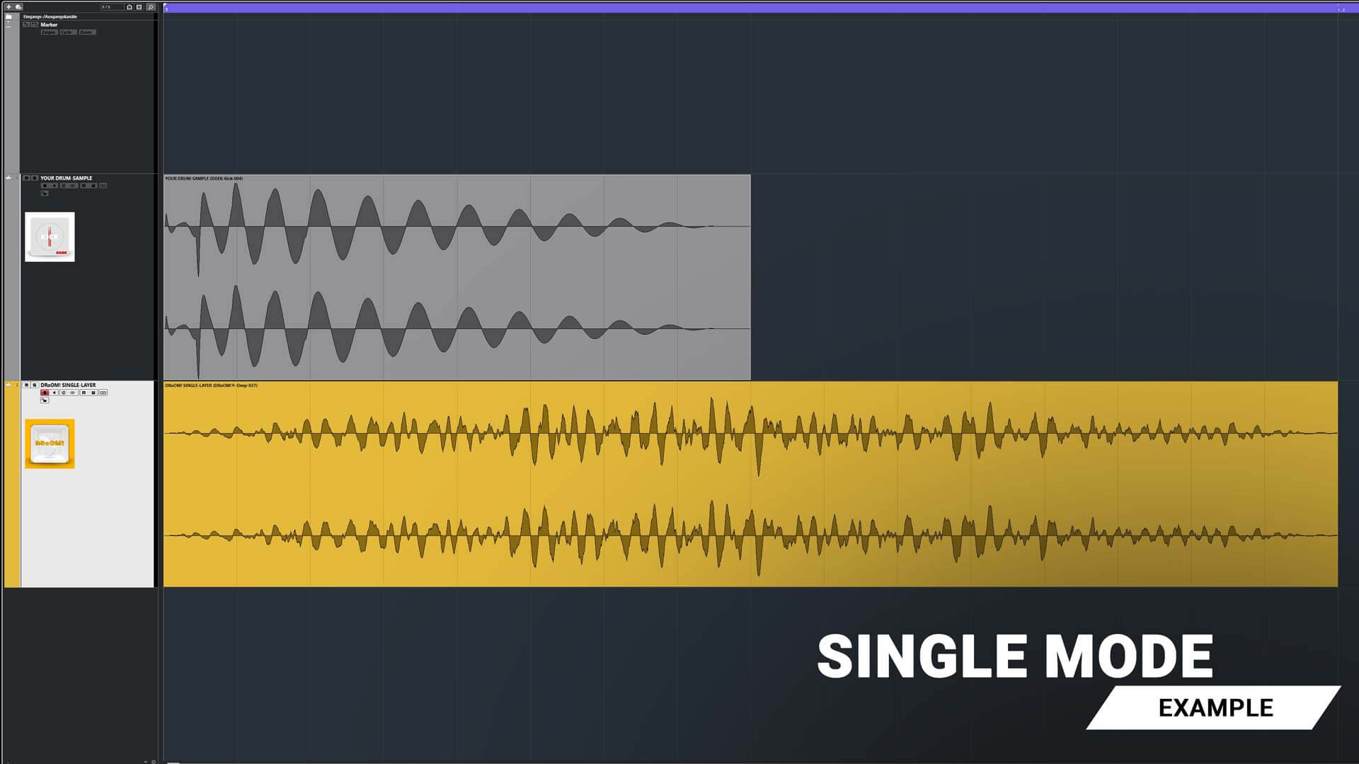 As the name implies: the use of one DRoOM! file per drum sound. The DRoOM! file can be played repeatedly (as with fx plugins to simulate a static room effect) or in multiple modes, creating variations per beat in your beat… this is the real significance, and the advantage, of the DRoOM! concept. Note the kick depth, and especially the snare reverb variation!